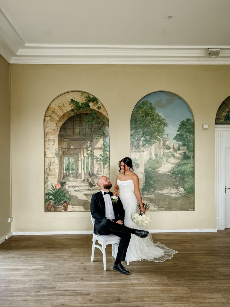 Romantic editorial portrait in Braxted Park wedding ceremony room