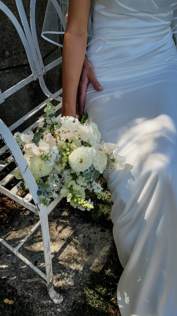 Close up of bride's wedding flower bouquet captured by wedding content creator in Suffolk